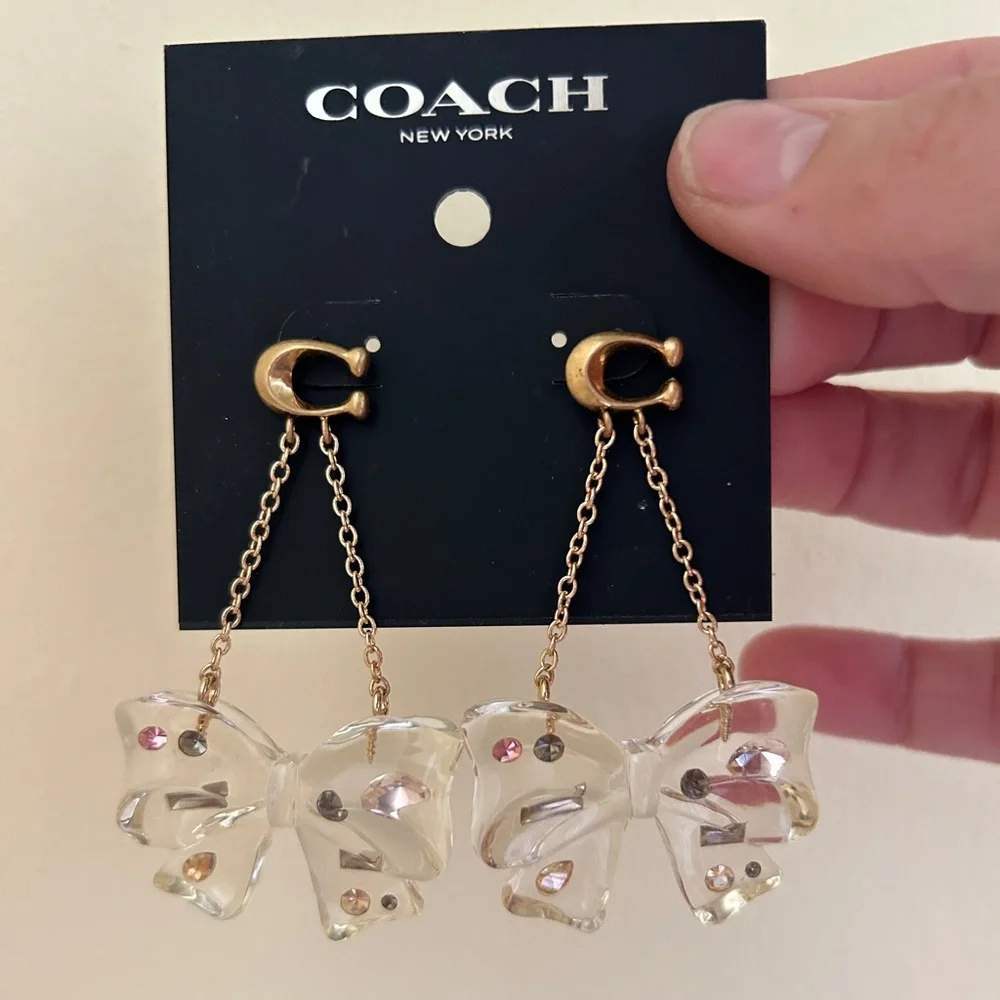 Coach Bow Crystal Dangle Earrings Gold Clear Drop Fashion Jewelry - Picture 3 of 5